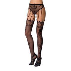 Сітчасті панчохи-стокінги Passion S016 One Size, Black, імітація ажурного пояса з гартерами 100800 фото