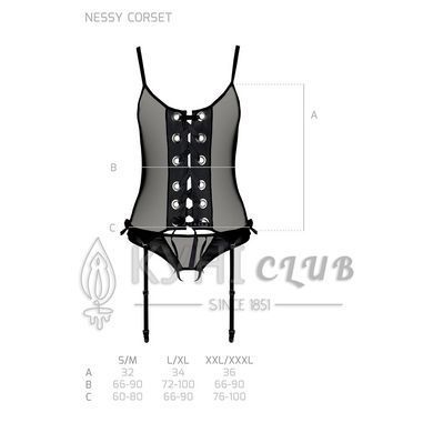 Корсет зі шнурівкою Passion NESSY CORSET XXL/XXXL black, стрінги з відкритим доступом, пажі для панч 106326 фото
