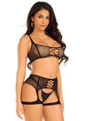 Комплект Leg Avenue Top and garter harness, One Size, чорний, сітчастий, топ + пояс з гартерами 110105 фото
