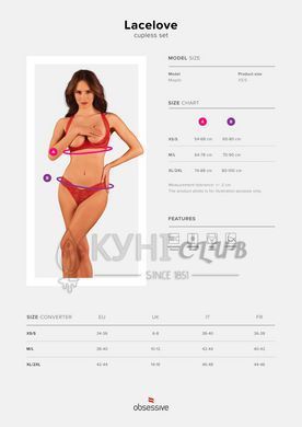 Комплект білизни Obsessive Lacelove cupless 2-pcs set XS/S Red, відкритий доступ, відкриті груди 106654 фото