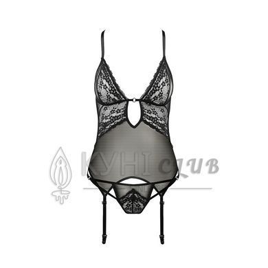 Корсет з декольте Passion ERZA CORSET L/XL, black, пажі, трусики, напівпрозорий 109116 фото