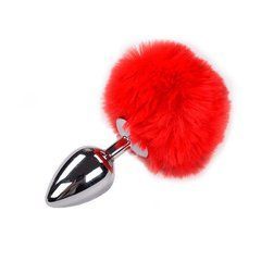 Металева анальна пробка Кролячий хвостик Alive Fluffy Plug L Red, діаметр 3,9 см 104299 фото
