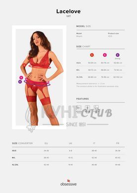 Комплект белья Obsessive Lacelove cupless 3pcs set XS/S Red, бюстгальтер, стринги, пояс для чулок 106657 фото