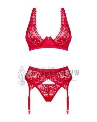 Комплект белья Obsessive Lacelove cupless 3pcs set XS/S Red, бюстгальтер, стринги, пояс для чулок 106657 фото