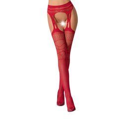 Сітчасті панчохи-стокінги Passion S020 One Size, Red, ажурний візерунок, імітація пояса з гартерами 100813 фото