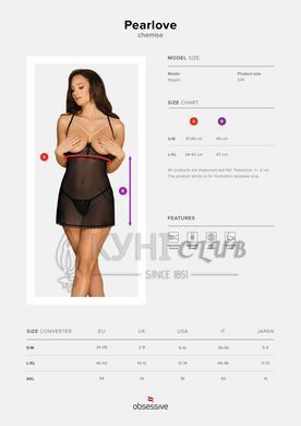 Прозора сорочка з відкритими грудьми Obsessive Pearlove chemise & thong black S/M, трусики 105852 фото