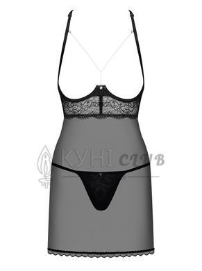 Прозора сорочка з відкритими грудьми Obsessive Pearlove chemise & thong black S/M, трусики 105852 фото