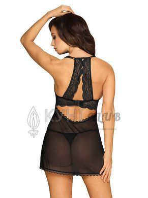 Прозора сорочка з відкритими грудьми Obsessive Pearlove chemise & thong black S/M, трусики 105852 фото