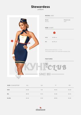 Эротический костюм стюардессы Obsessive Stewardess uniform XS/S, blue, платье, пилотка, шарф, манжет 105706 фото