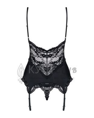 Сатиновый кружевной корсет Obsessive 810-COR-1 babydoll & thong L/XL, черный, корсет, танга 105141 фото