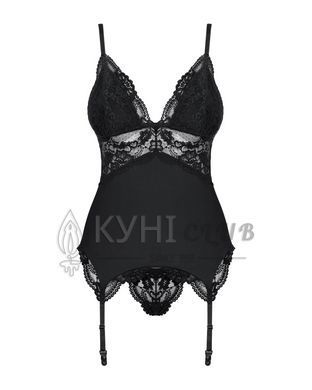 Сатиновый кружевной корсет Obsessive 810-COR-1 babydoll & thong L/XL, черный, корсет, танга 105141 фото