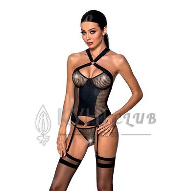 Сетчатый комплект корсет с халтером, съемные подвязки и трусики Amanda Corset black L/XL - Passion 102904 фото