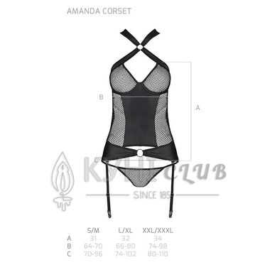 Сетчатый комплект корсет с халтером, съемные подвязки и трусики Amanda Corset black L/XL - Passion 102904 фото