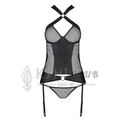 Сетчатый комплект корсет с халтером, съемные подвязки и трусики Amanda Corset black L/XL - Passion 102904 фото