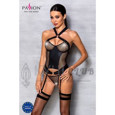 Сетчатый комплект корсет с халтером, съемные подвязки и трусики Amanda Corset black L/XL - Passion 102904 фото