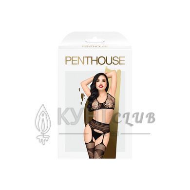 Комплект Penthouse Smoking Gun XL Black, топ-бюстьє, колготки з доступом, імітація пояса для панчіх 104412 фото