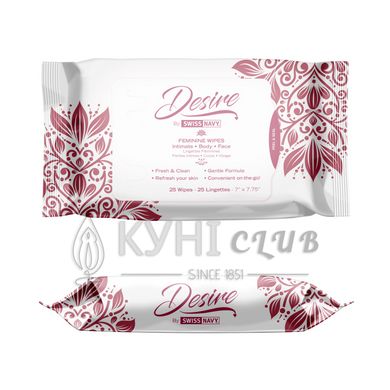 Жіночі очищувальні серветки для тіла та обличчя Desire by Swiss Navy Feminine Wipes 25 шт 103552 фото