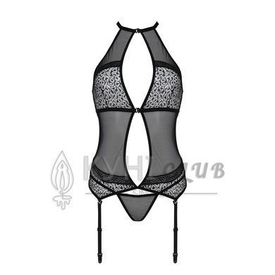 Корсет з пажами Passion SATARA CORSET L/XL black, стрінги, мереживо, застібки спереду та ззаду 106345 фото