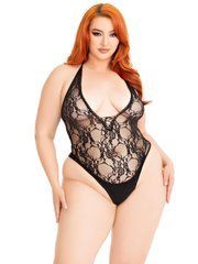 Тедди Leg Avenue Floral lace deep-V teddy, 1X/2X, черное, кружевное, открытая спина, высокие трусики 110116 фото