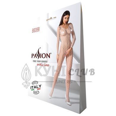 Бодістокінг Passion BS068 white, комбінезон, велика сітка, довгий рукав 109084 фото
