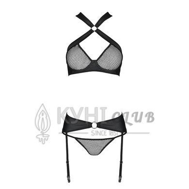 Сетчатый набор: бюстгальтер с халтером, трусики и пояс для чулок Amanda Set black L/XL - Passion 102907 фото