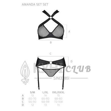 Сетчатый набор: бюстгальтер с халтером, трусики и пояс для чулок Amanda Set black L/XL - Passion 102907 фото