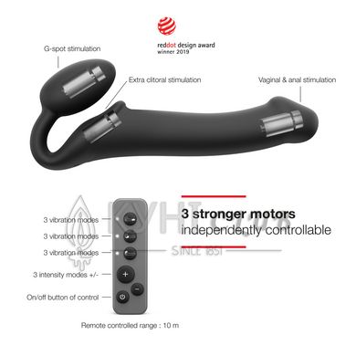 Безремневой страпон с вибрацией Strap-On-Me Vibrating Black L, диаметр 3,7см, пульт ДУ, регулируемый 100156 фото