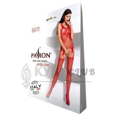 Бодистокинг Passion BS070 red, комбинезон, имитация чулок и ажурного топа 109087 фото