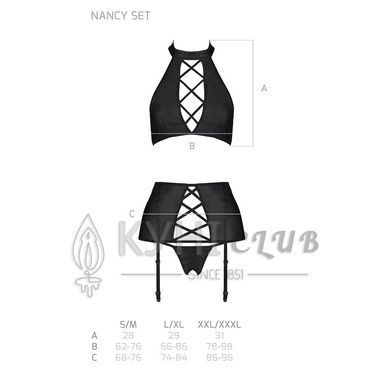 Комплект из эко-кожи с имитацией шнуровки Nancy Set black L/XL - Passion топ, трусики и пояс для чул 102959 фото