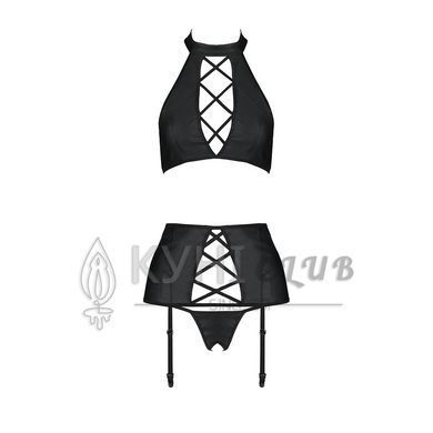 Комплект из эко-кожи с имитацией шнуровки Nancy Set black L/XL - Passion топ, трусики и пояс для чул 102959 фото