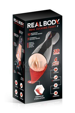 Преміум-вібромастурбатор Real Body - Real Sucking Pussy 2, всмоктування, звук, стимуляція промежини 106704 фото