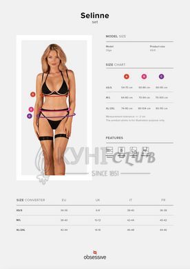 Комплект білизни Obsessive Selinne 3-pcs set XS/S Black, бюстгальтер, стрінги пояс для панчіх 106669 фото