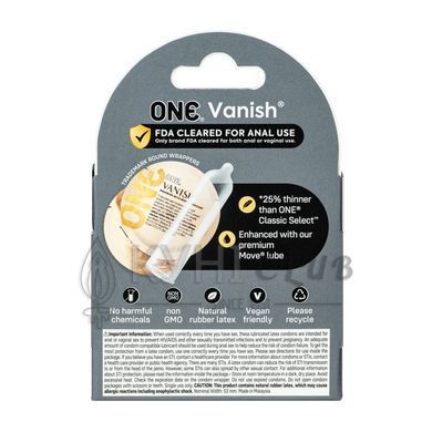 Презервативи ONE Vanish Hyperthin, 3 шт, ультратонкі, зі змазкою, картонне паковання 109832 фото