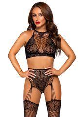 Еротичний комплект Leg Avenue Crop top and garter panty Black, топ, трусики з доступом, панчохи 107173 фото