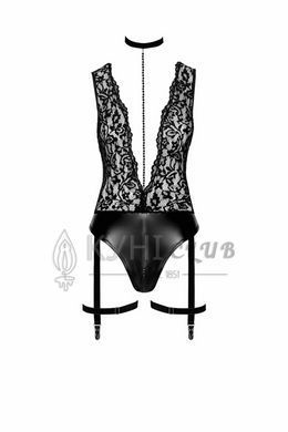 Боді Noir Handmade F297 Libido, XL, чорне, мереживо, низ під латекс, відкритий доступ, гартери 108220 фото