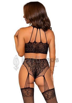 Еротичний комплект Leg Avenue Crop top and garter panty Black, топ, трусики з доступом, панчохи 107173 фото