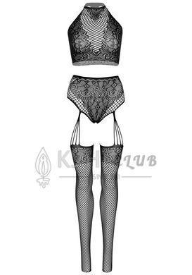 Еротичний комплект Leg Avenue Crop top and garter panty Black, топ, трусики з доступом, панчохи 107173 фото
