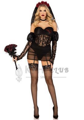 Еротичний костюм чорної нареченої Leg Avenue Heartbreak Bride S, боді, рукави, вуаль, чокер 107225 фото