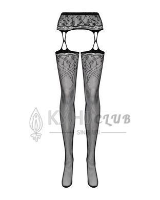Панчохи-стокінги з рослинним малюнком Obsessive Garter stockings S206 black S/M/L чорні, імітація га 105249 фото