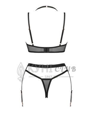 Комплект белья Obsessive Selinne 3-pcs set XL/2XL Black, бюстгальтер, стринги пояс для чулок 106671 фото