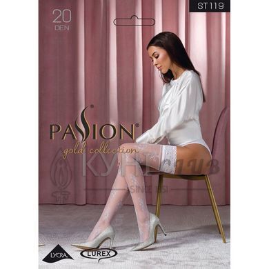 Чулки Passion ST119 3/4 белые, на ажурной силиконовой резинке, с цветочным декором и люрексовой нить 103680 фото