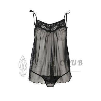 Сорочка прозора бебі дол Passion MELANIA CHEMISE L/XL, black, трусики, на тонких бретелях 109132 фото