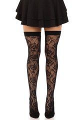 Чулки Leg Avenue Wild rose net thigh highs, One Size, черные, широкая резинка, рисунок-розы 110075 фото