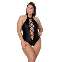Боді з екошкіри Passion NANCY BODY 4XL/5XL black, з імітацією шнурівки та відкритим доступом 105025 фото