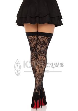 Чулки Leg Avenue Wild rose net thigh highs, One Size, черные, широкая резинка, рисунок-розы 110075 фото