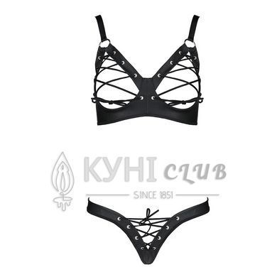 Комплект з екошкіри Passion CELINE BIKINI L/XL black, відкритий бра зі стрічками, стрінги 104362 фото
