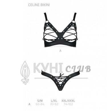 Комплект з екошкіри Passion CELINE BIKINI L/XL black, відкритий бра зі стрічками, стрінги 104362 фото
