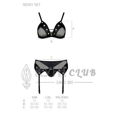 Комплект білизни Passion NESSY SET S/M black, бюстгальтер, пояс для панчіх, стрінги 106328 фото