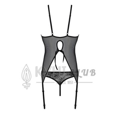 Корсет із пажами, трусики з ажурним декором та відкритим кроком Passion URSULA CORSET L/XL, black 103733 фото