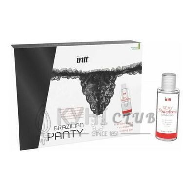 Набір Intt BRAZILIAN PANTY BLACK: трусики на резинці S-XL з перлинним кільцем + полунична змазка 105103 фото